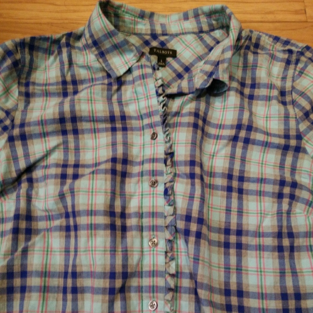 Talbots Plaid Ruffle Front Button Down Blouse - Picture 3 of 5